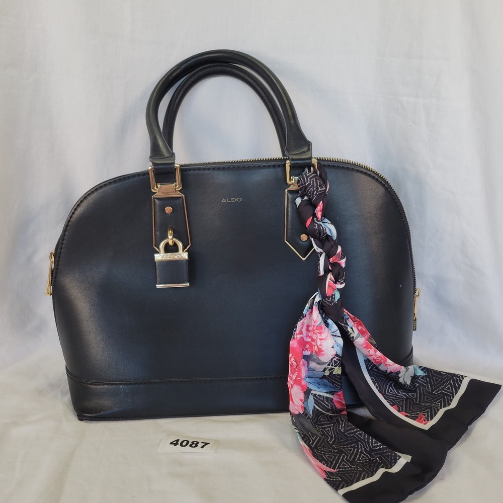 ALDO Black Dome Satchel Bag with Decorative Lock and Scarf
